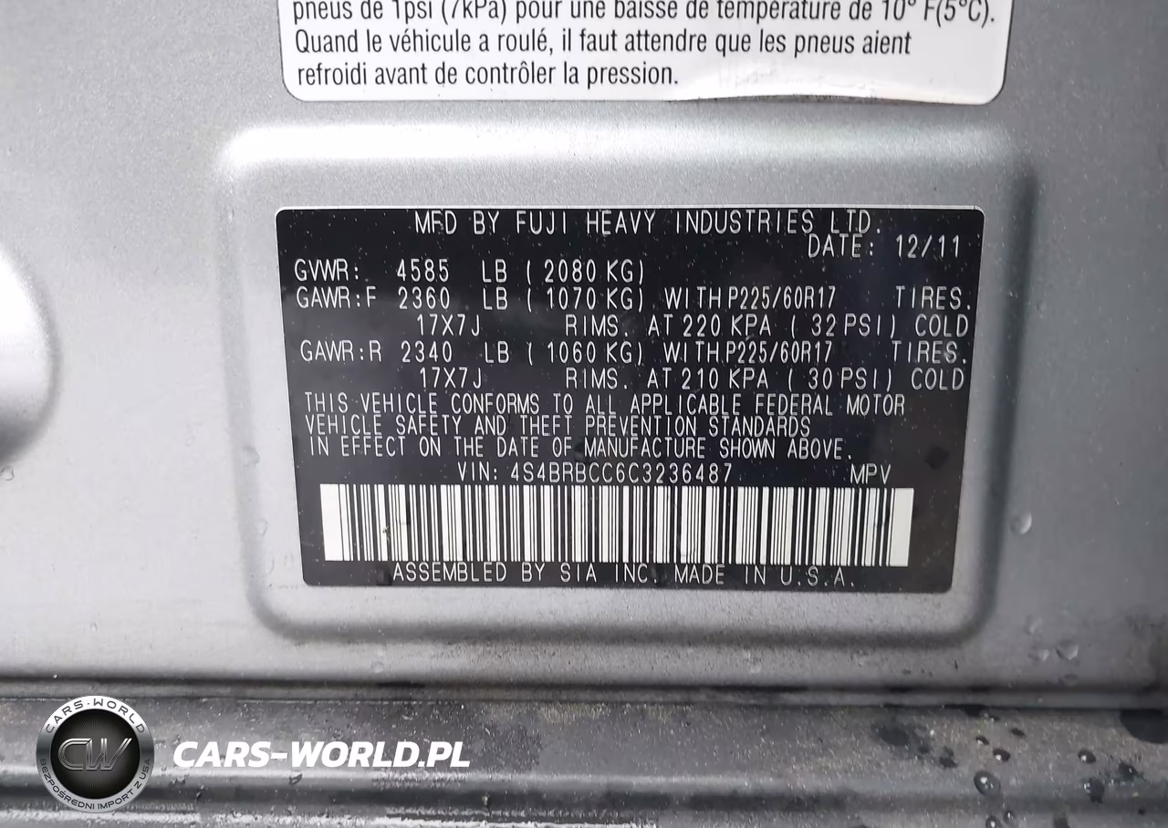 2012 Subaru Outback 2.5I Premium VIN:4S4BRBCC6C3236487 - 9