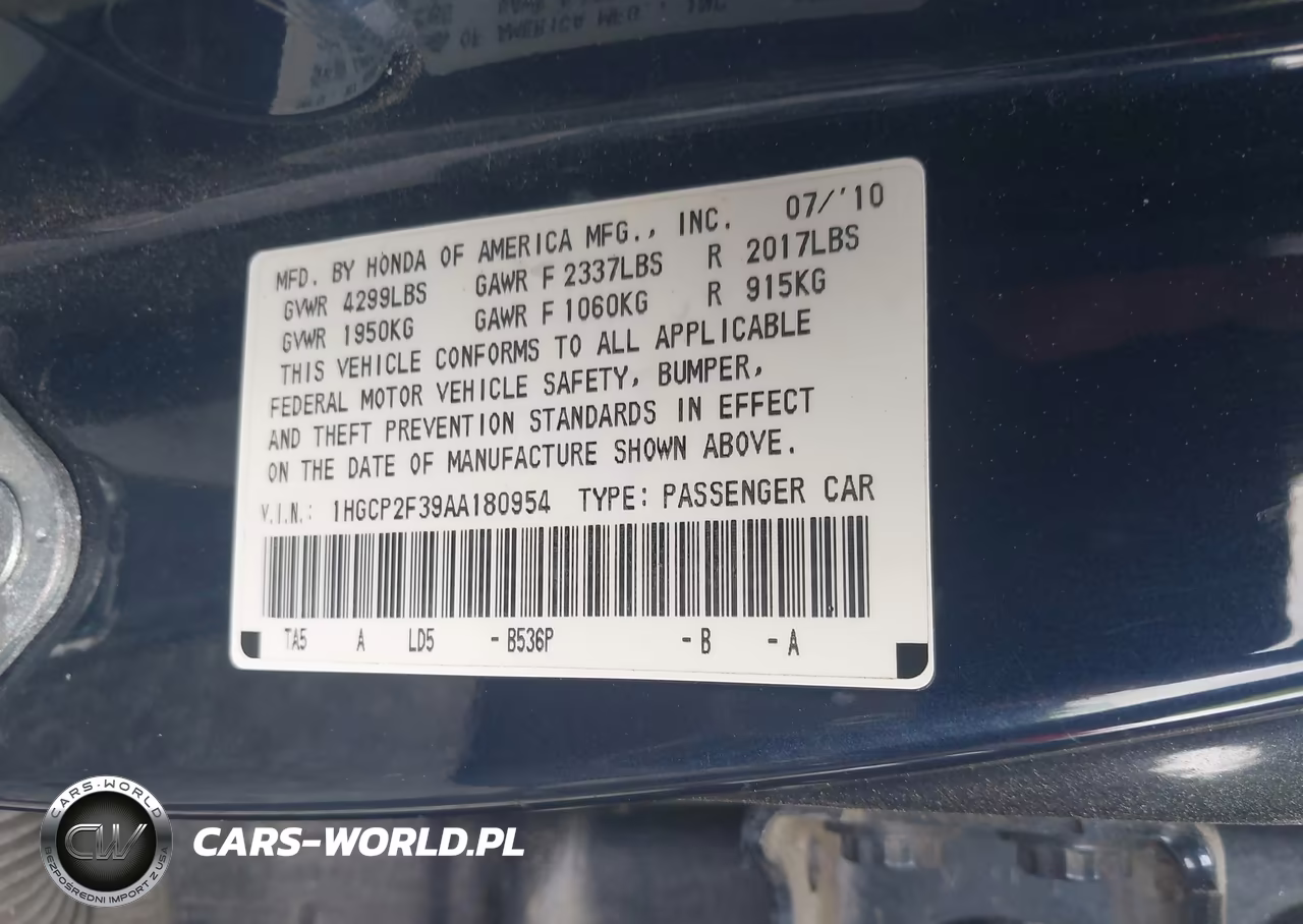 2010 Honda Accord 2.4 Lx VIN:1HGCP2F39AA180954 - 9