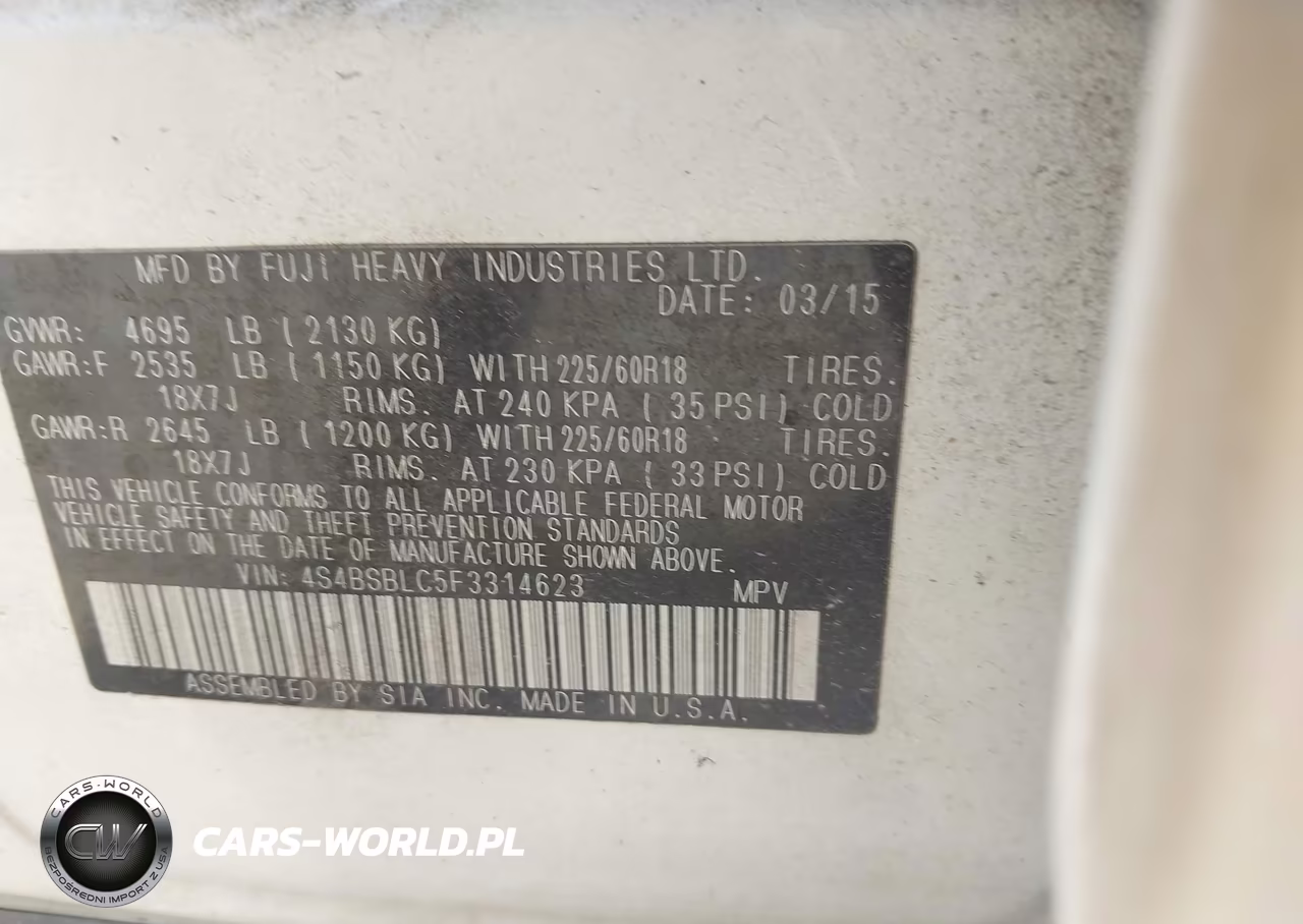 2015 Subaru Outback 2.5I Limited VIN:4S4BSBLC5F3314623 - 9