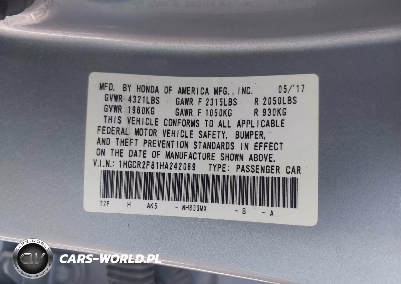 2017 Honda Accord Ex-L VIN:1HGCR2F81HA242069 - 9