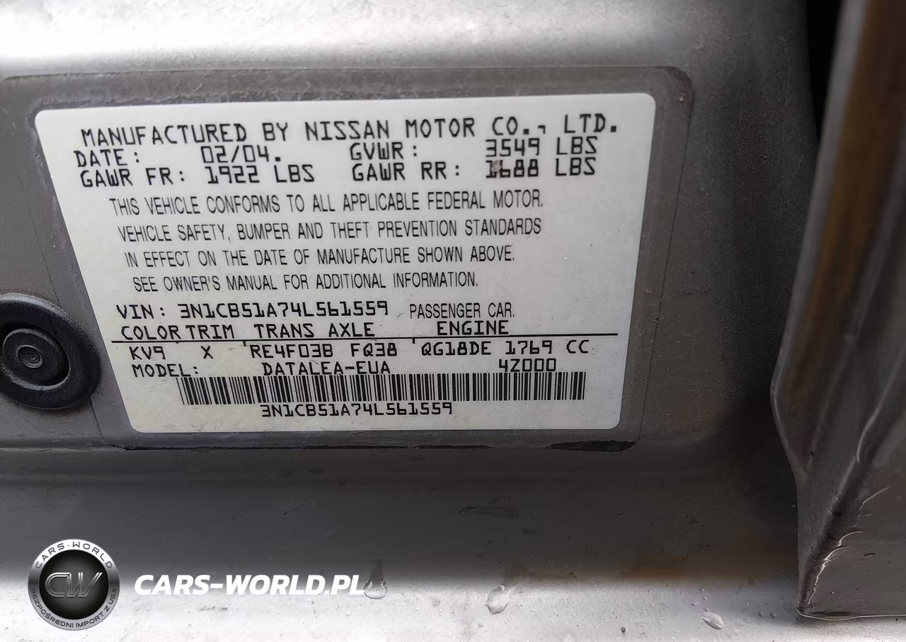 2004 Nissan Sentra 1.8S VIN:3N1CB51A74L561559 - 9
