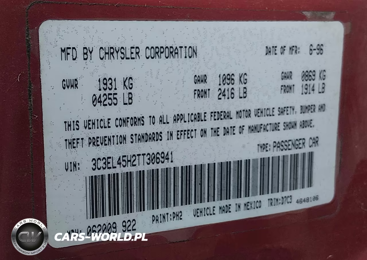 1996 Chrysler Sebring Jx VIN:3C3EL45H2TT306941 - 9