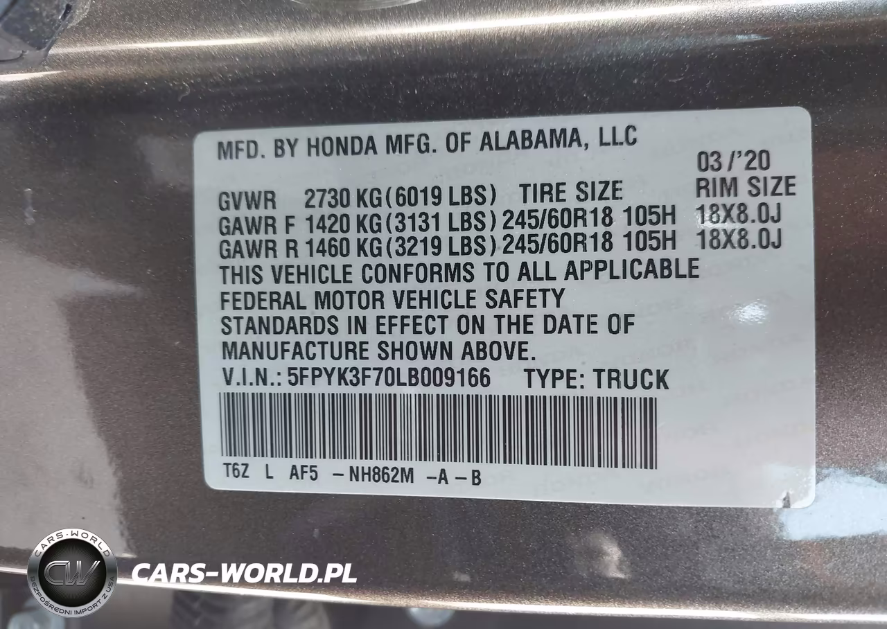 2020 Honda Ridgeline Rtl-E VIN:5FPYK3F70LB009166 - 9
