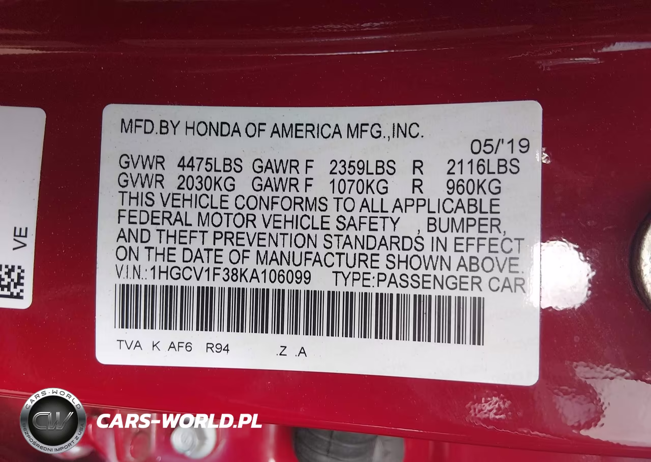2019 Honda Accord Sport VIN:1HGCV1F38KA106099 - 9