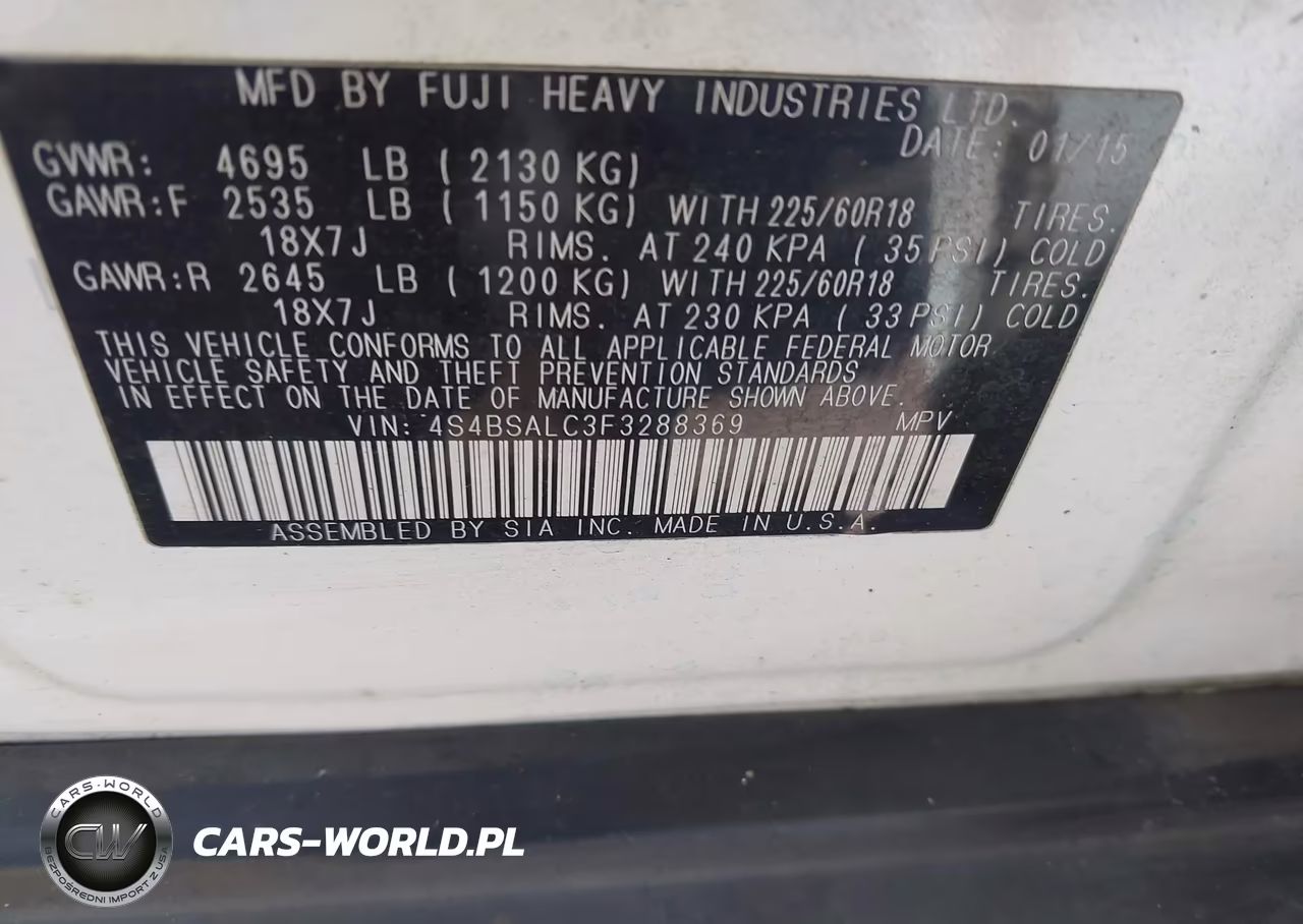 2015 Subaru Outback 2.5I Limited VIN:4S4BSALC3F3288369 - 9
