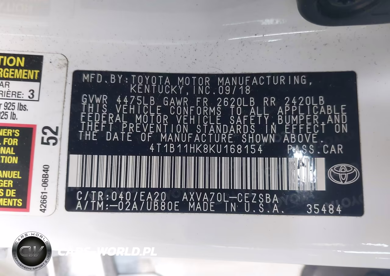 2019 Toyota Camry Se VIN:4T1B11HK8KU168154 - 9