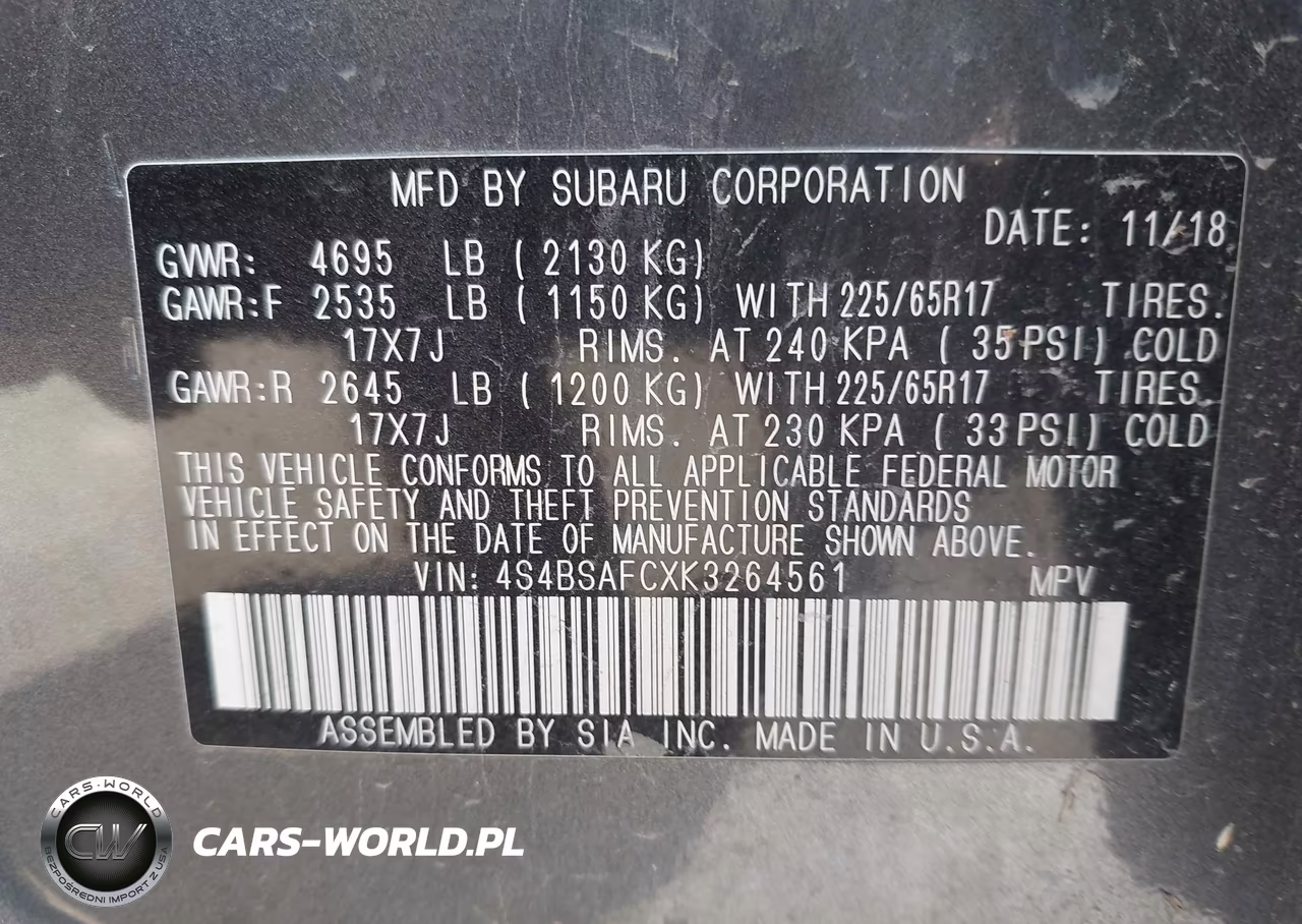 2019 Subaru Outback 2.5I Premium VIN:4S4BSAFCXK3264561 - 9