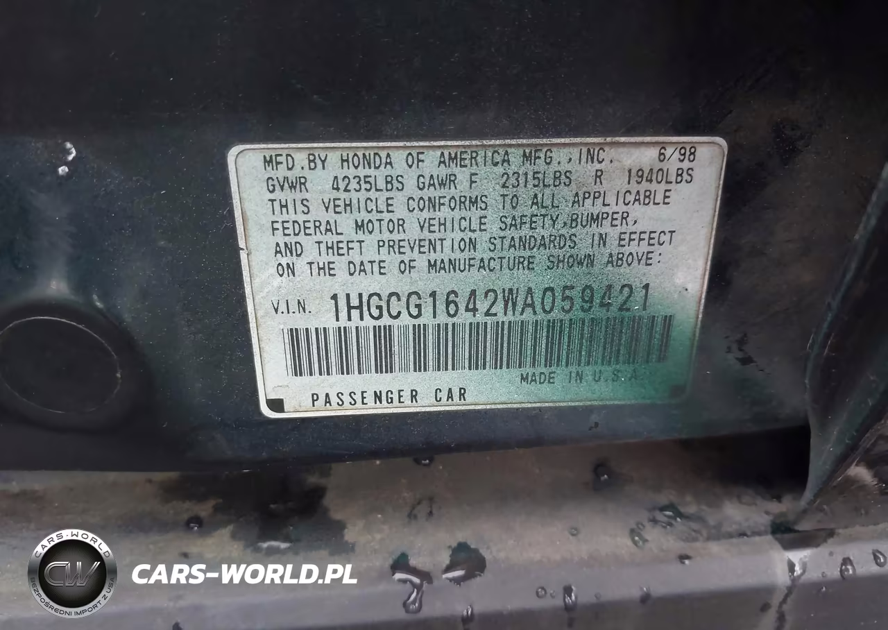 1998 Honda Accord Lx V6 VIN:1HGCG1642WA059421 - 9