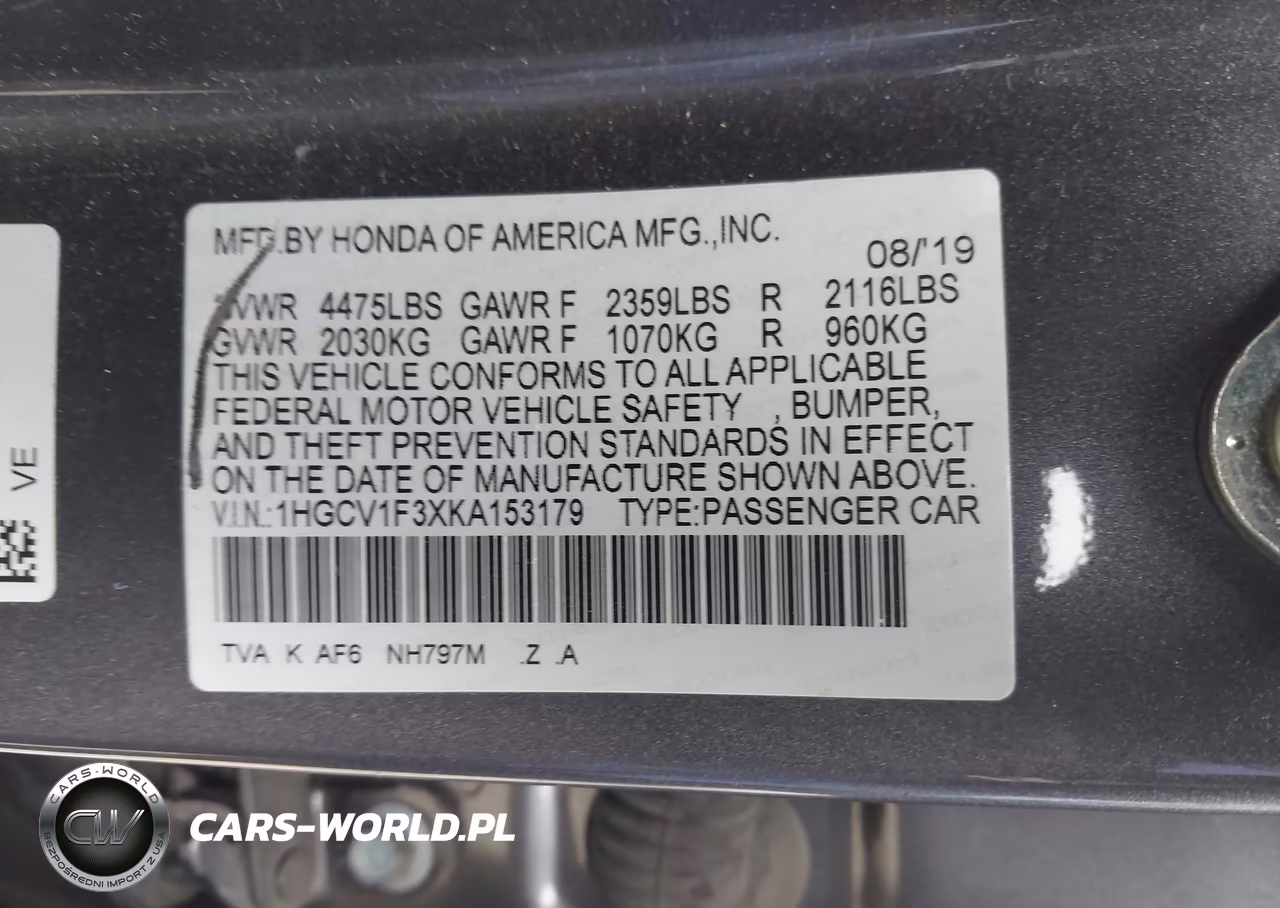 2019 Honda Accord Sport VIN:1HGCV1F3XKA153179 - 9