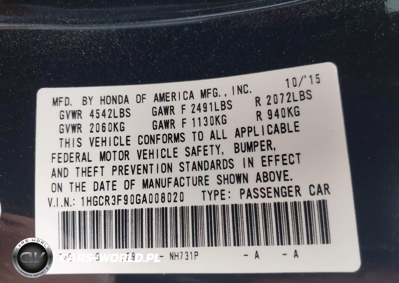 2016 Honda Accord Touring VIN:1HGCR3F90GA008020 - 9