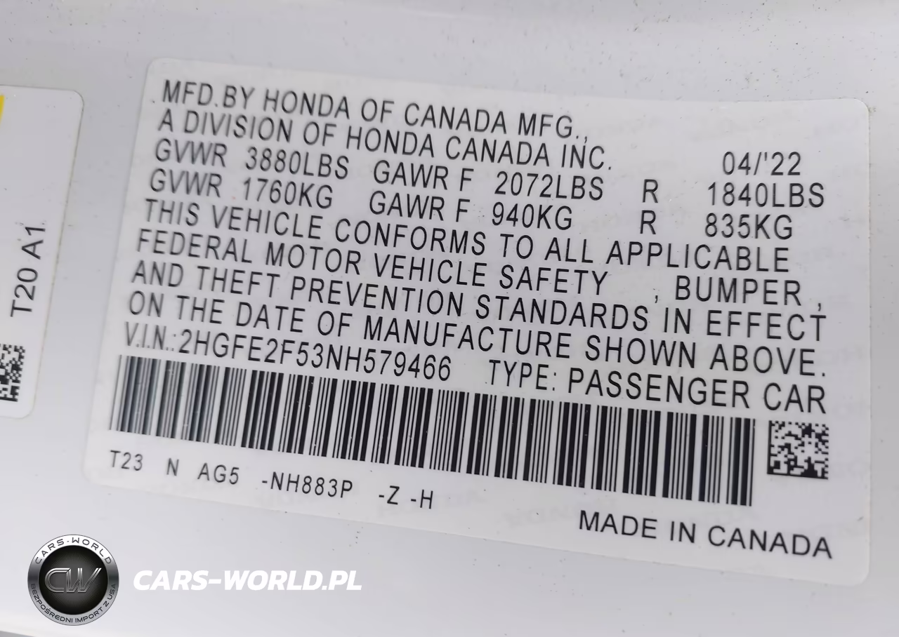 2022 Honda Civic Sport VIN:2HGFE2F53NH579466 - 9