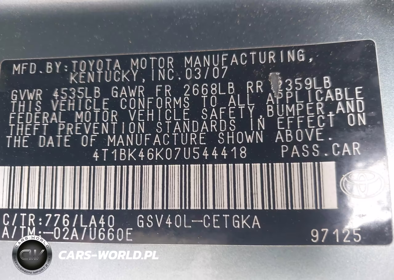 2007 Toyota Camry Xle V6 VIN:4T1BK46K07U544418 - 9