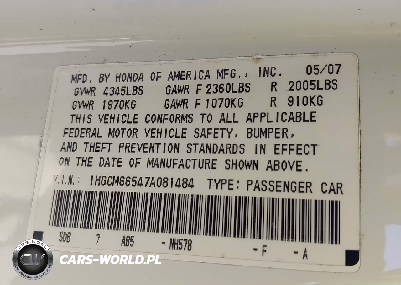 2007 Honda Accord 3.0 Ex VIN:1HGCM66547A081484 - 9