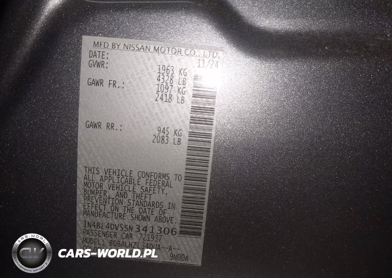 2025 Nissan Altima Sv Fwd VIN:1N4BL4DV5SN341306 - 9