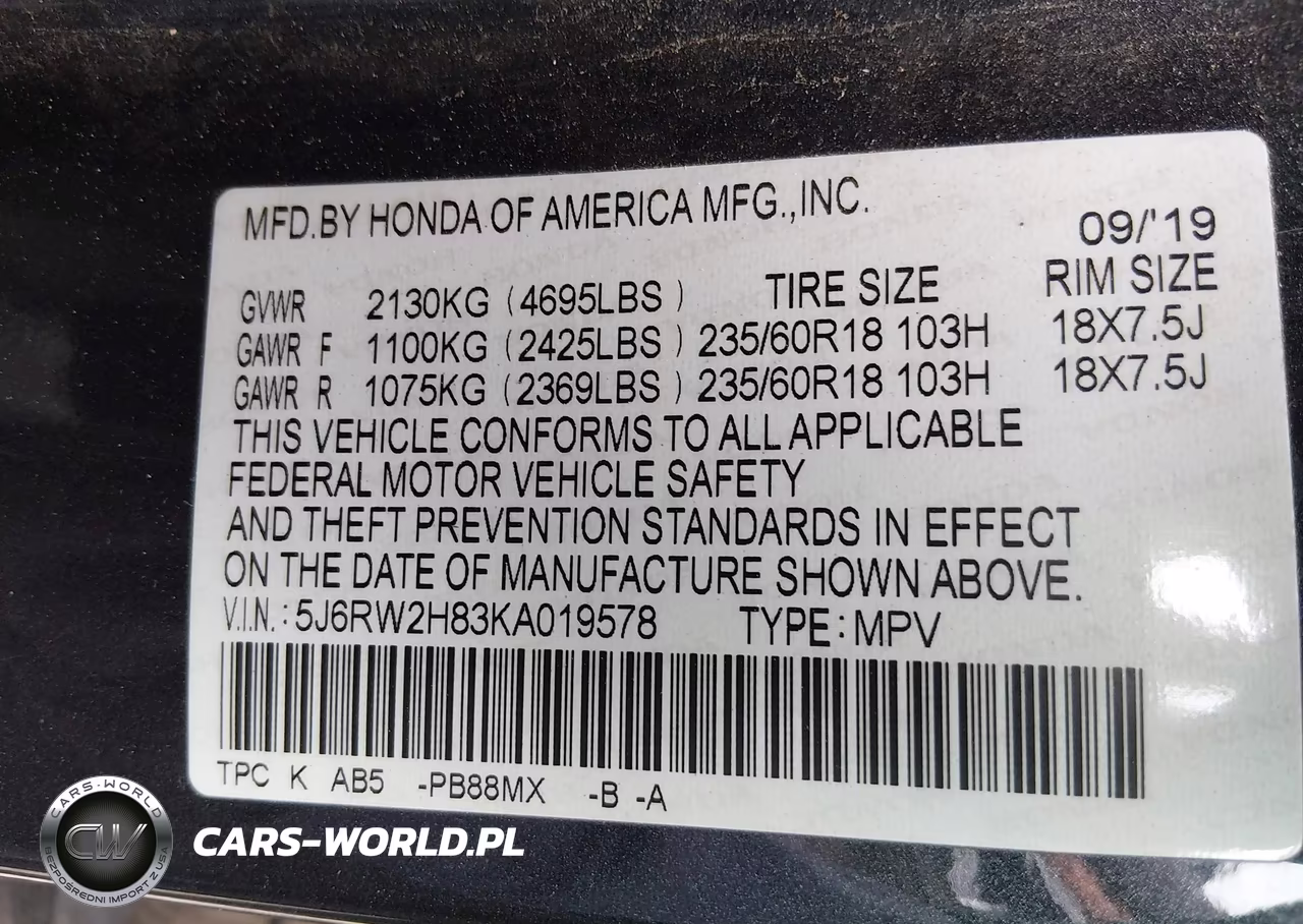 2019 Honda Cr-V Ex-L VIN:5J6RW2H83KA019578 - 9