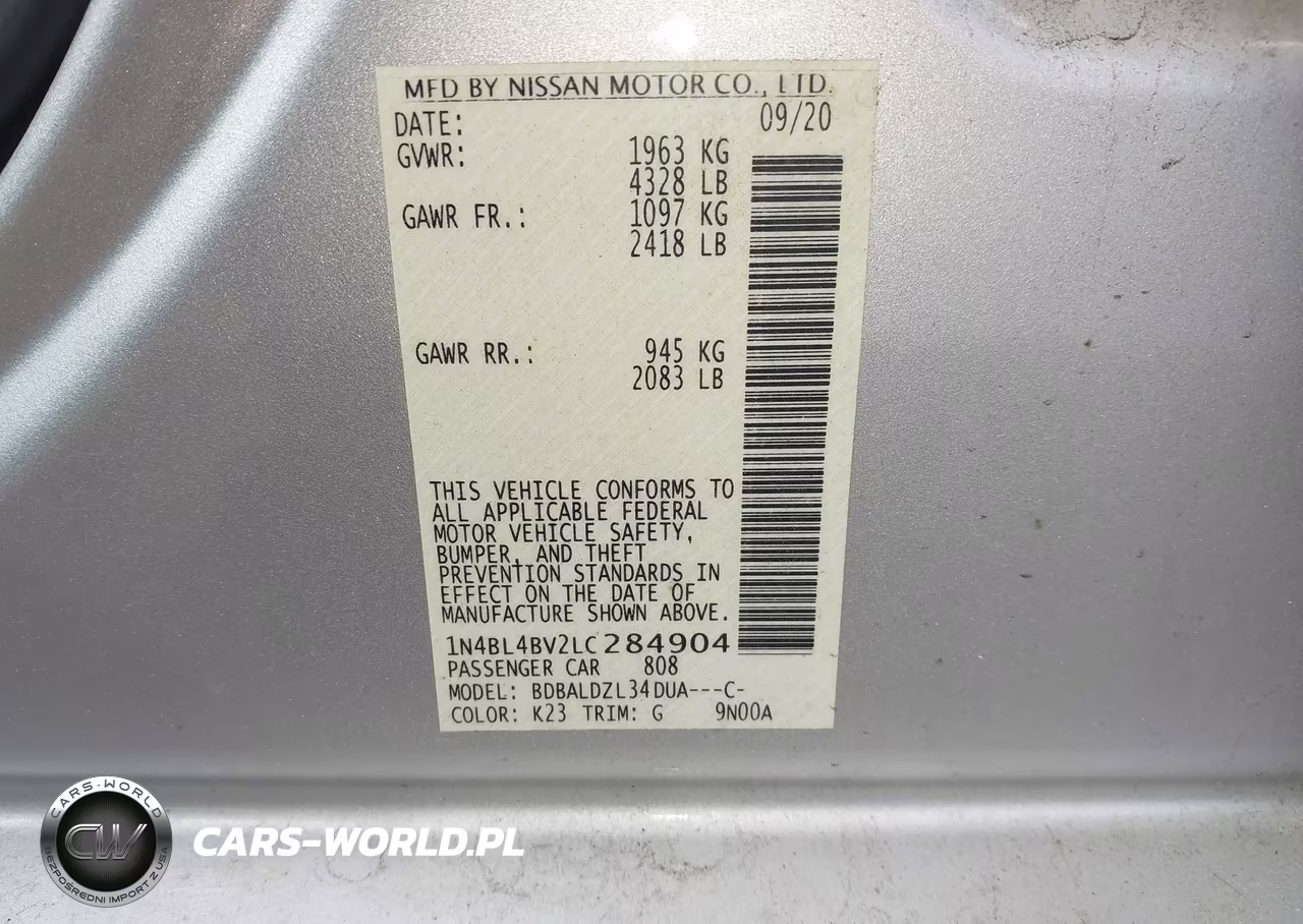 2020 Nissan Altima S Fwd VIN:1N4BL4BV2LC284904 - 9