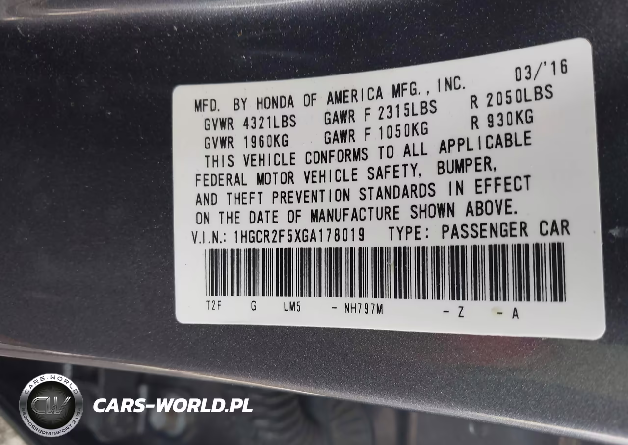 2016 Honda Accord Sport VIN:1HGCR2F5XGA178019 - 9