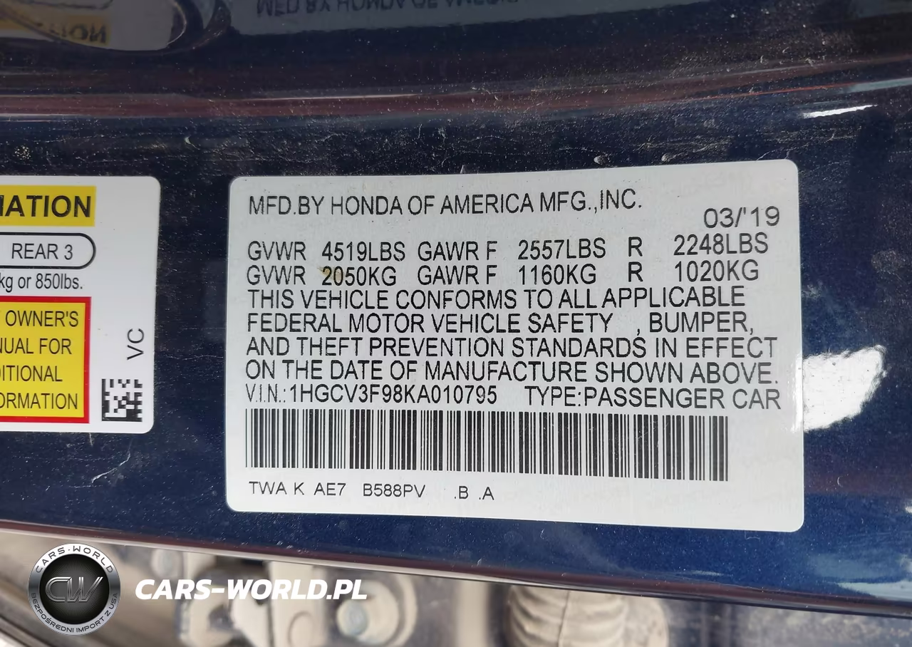 2019 Honda Accord Hybrid Touring VIN:1HGCV3F98KA010795 - 9