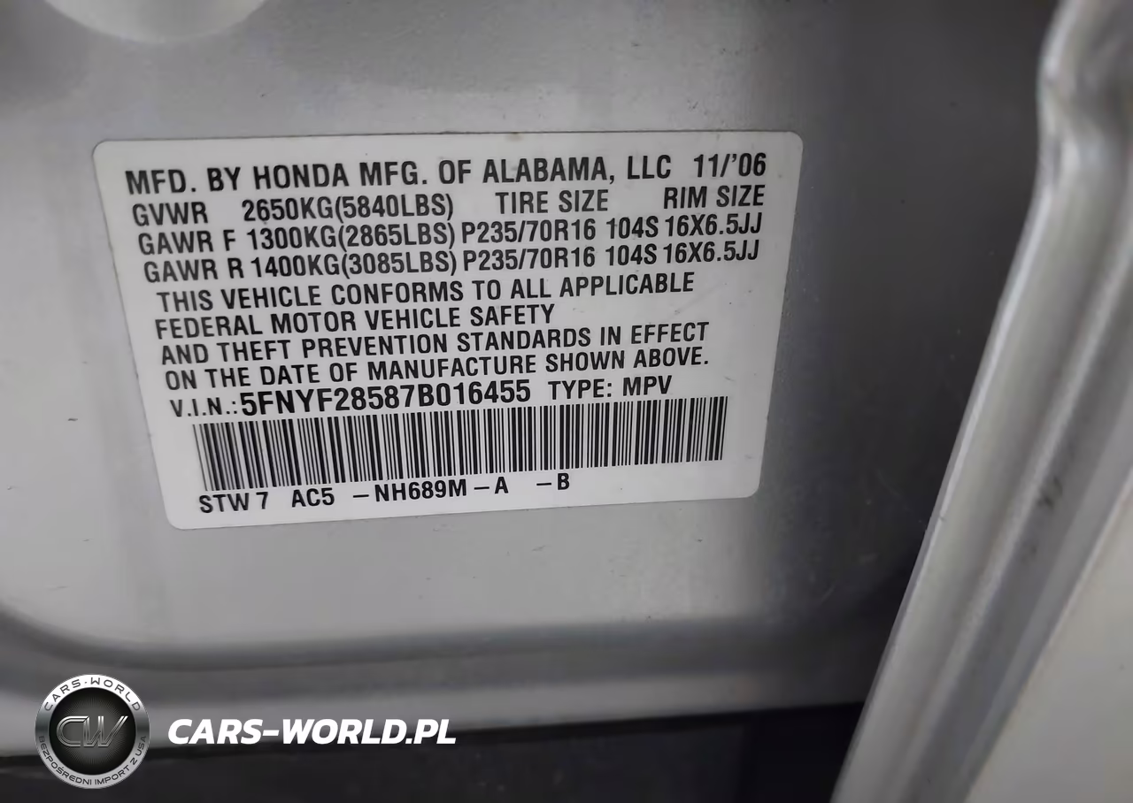 2007 Honda Pilot Ex-L VIN:5FNYF28587B016455 - 9