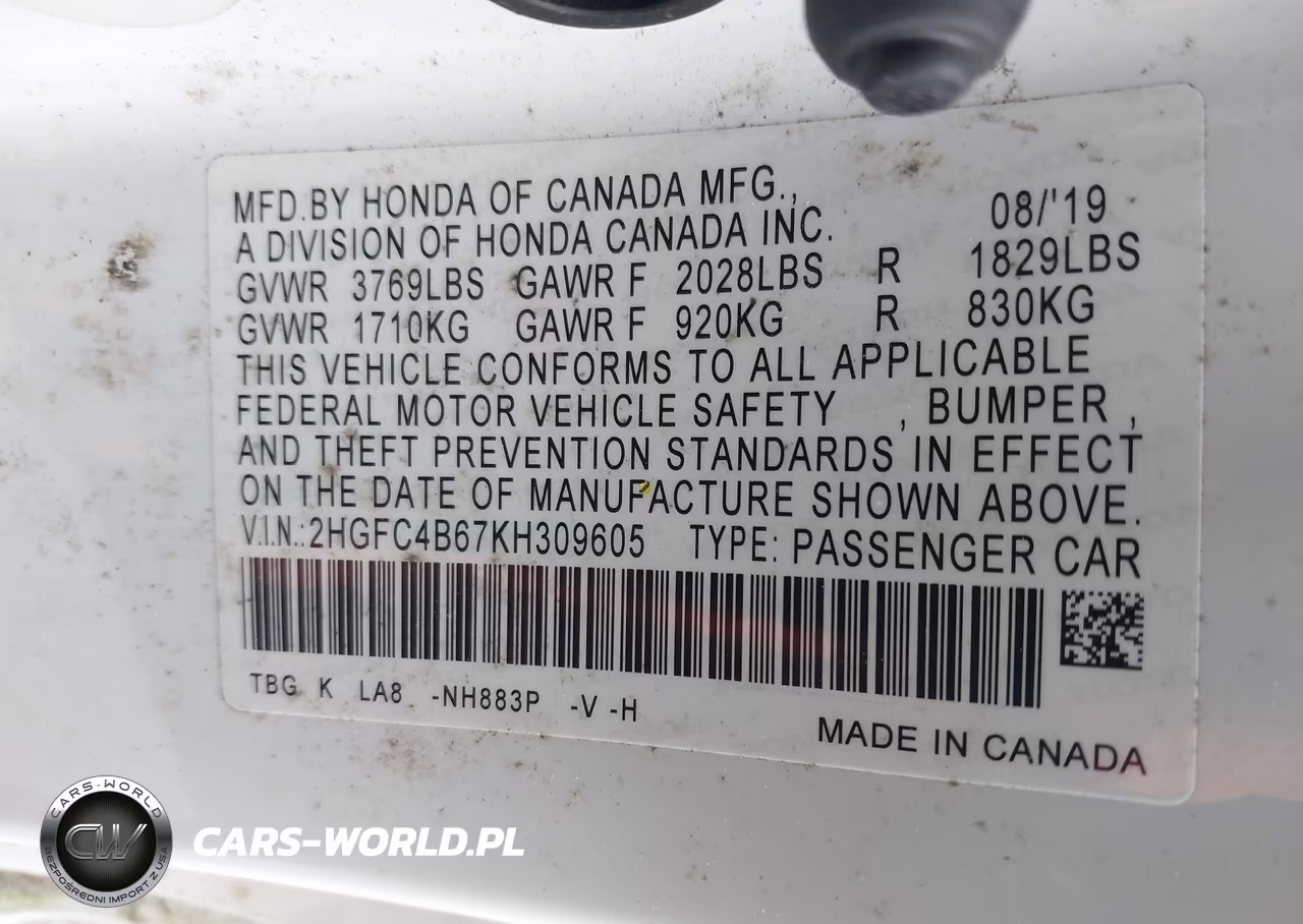 2019 Honda Civic Lx VIN:2HGFC4B67KH309605 - 9