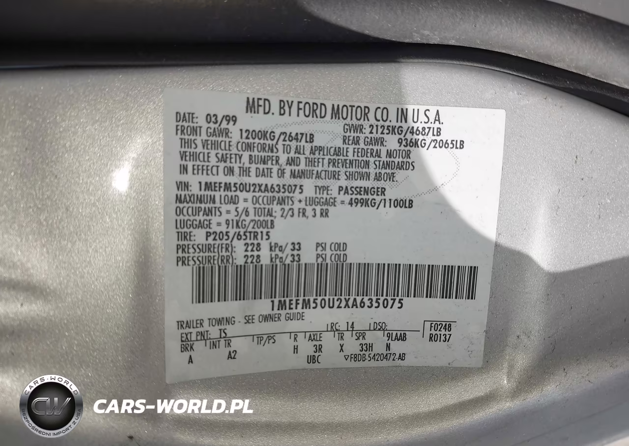 1999 Mercury Sable Gs VIN:1MEFM50U2XA635075 - 9