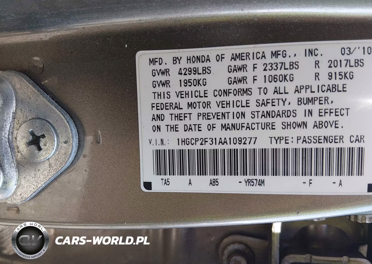 2010 Honda Accord 2.4 Lx VIN:1HGCP2F31AA109277 - 9