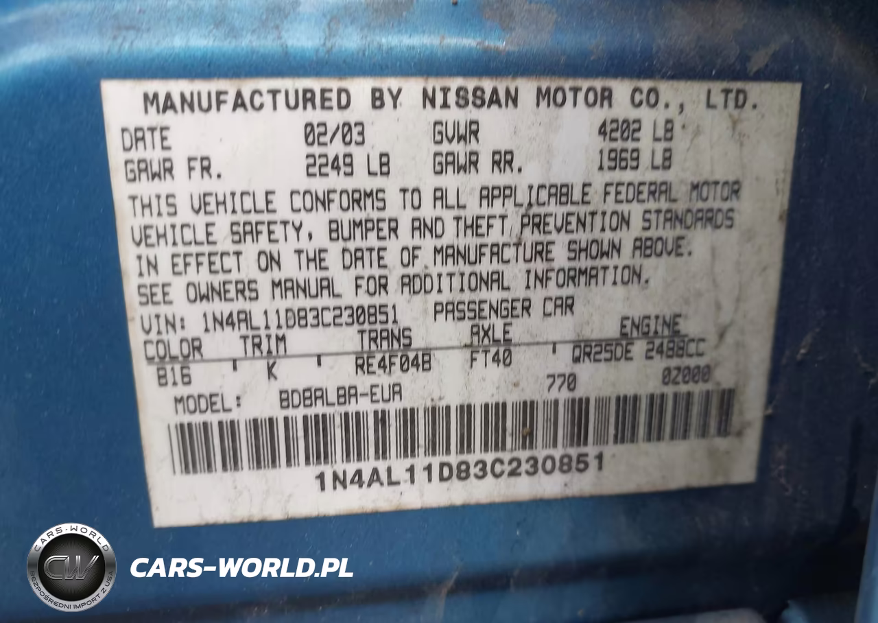2003 Nissan Altima 2.5 S VIN:1N4AL11D83C230851 - 9