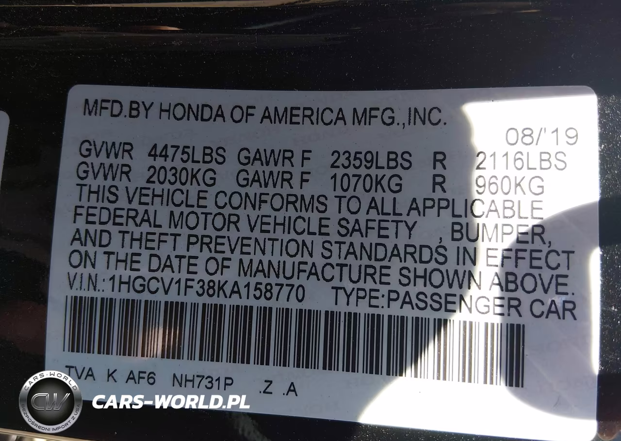 2019 Honda Accord Sport VIN:1HGCV1F38KA158770 - 9