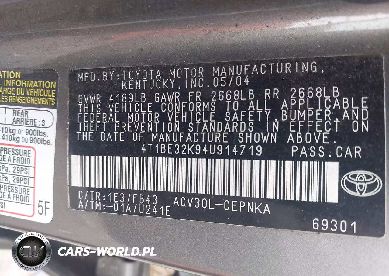 2004 Toyota Camry Le VIN:4T1BE32K94U914719 - 9