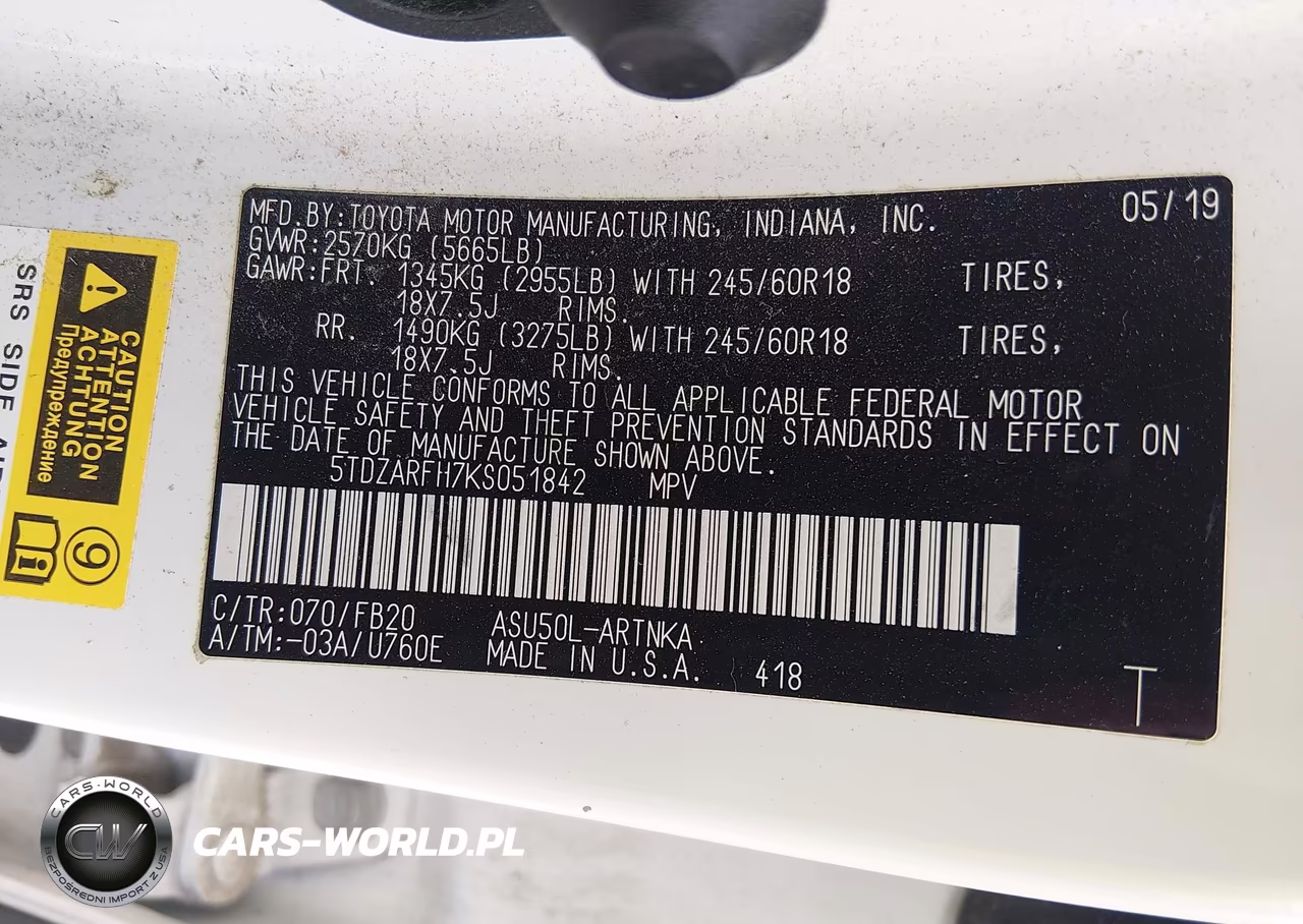 2019 Toyota Highlander Le VIN:5TDZARFH7KS051842 - 9