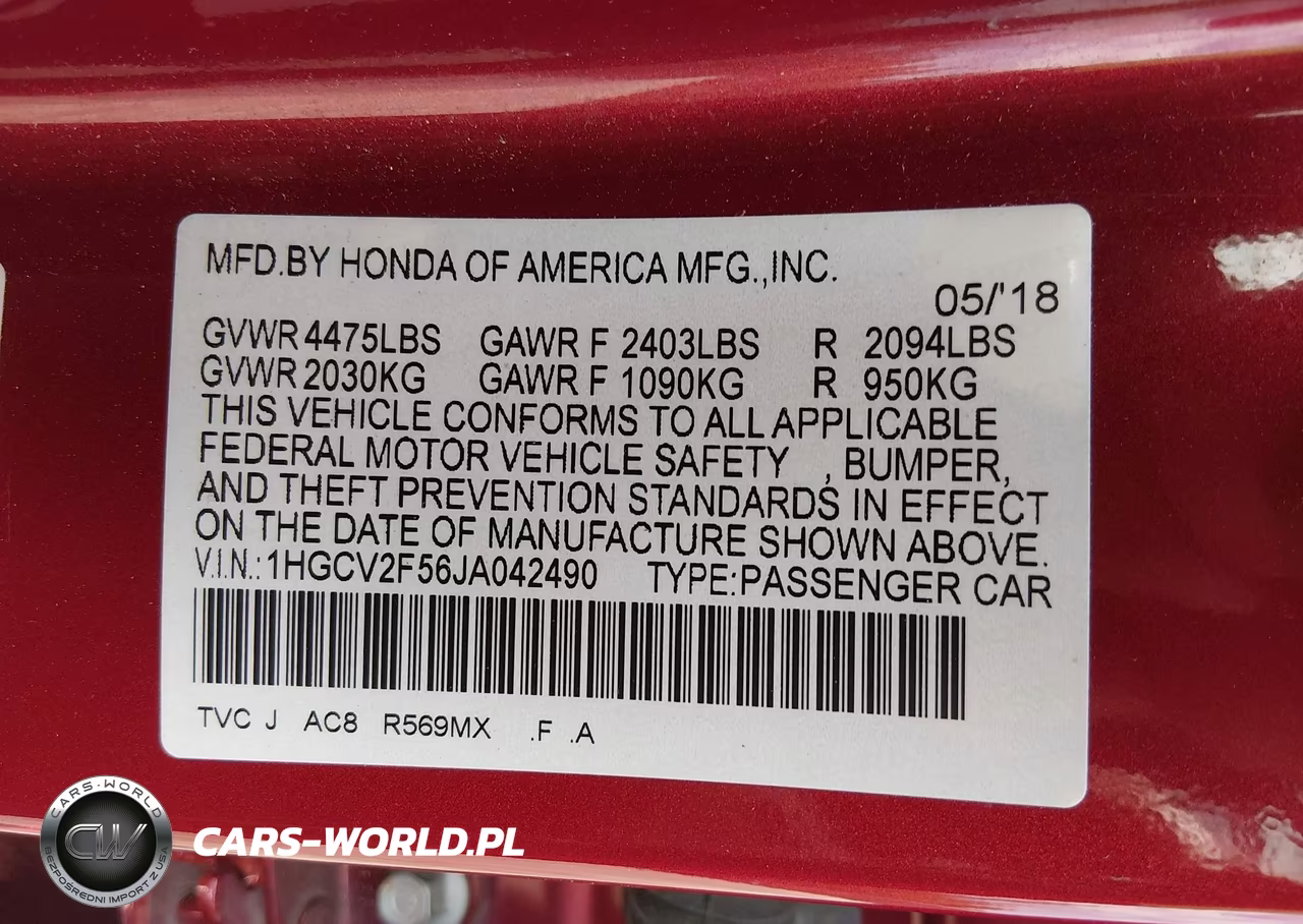 2018 Honda Accord Ex-L 2.0T VIN:1HGCV2F56JA042490 - 9