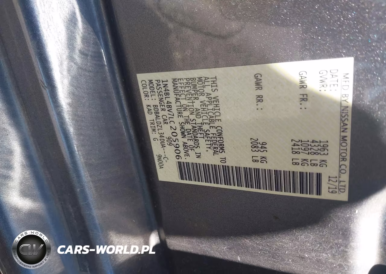 2020 Nissan Altima S Fwd VIN:1N4BL4BV7LC205906 - 9