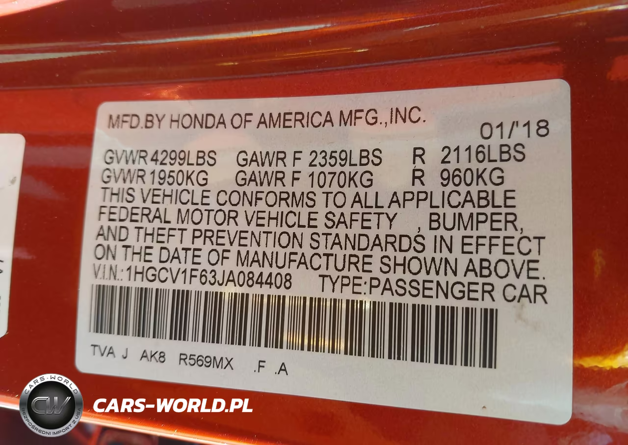 2018 Honda Accord Ex-L VIN:1HGCV1F63JA084408 - 9