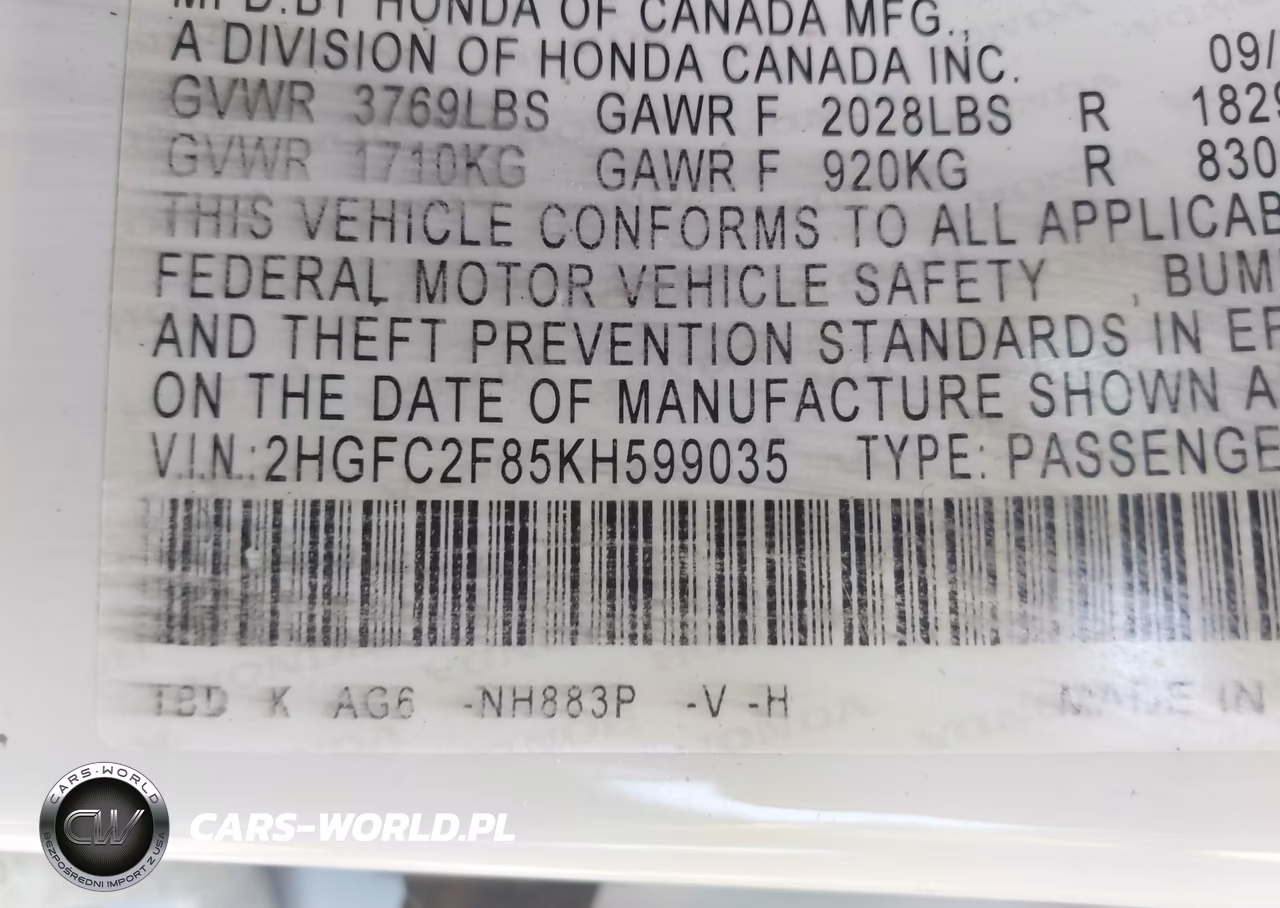 2019 Honda Civic Sport VIN:2HGFC2F85KH599035 - 9