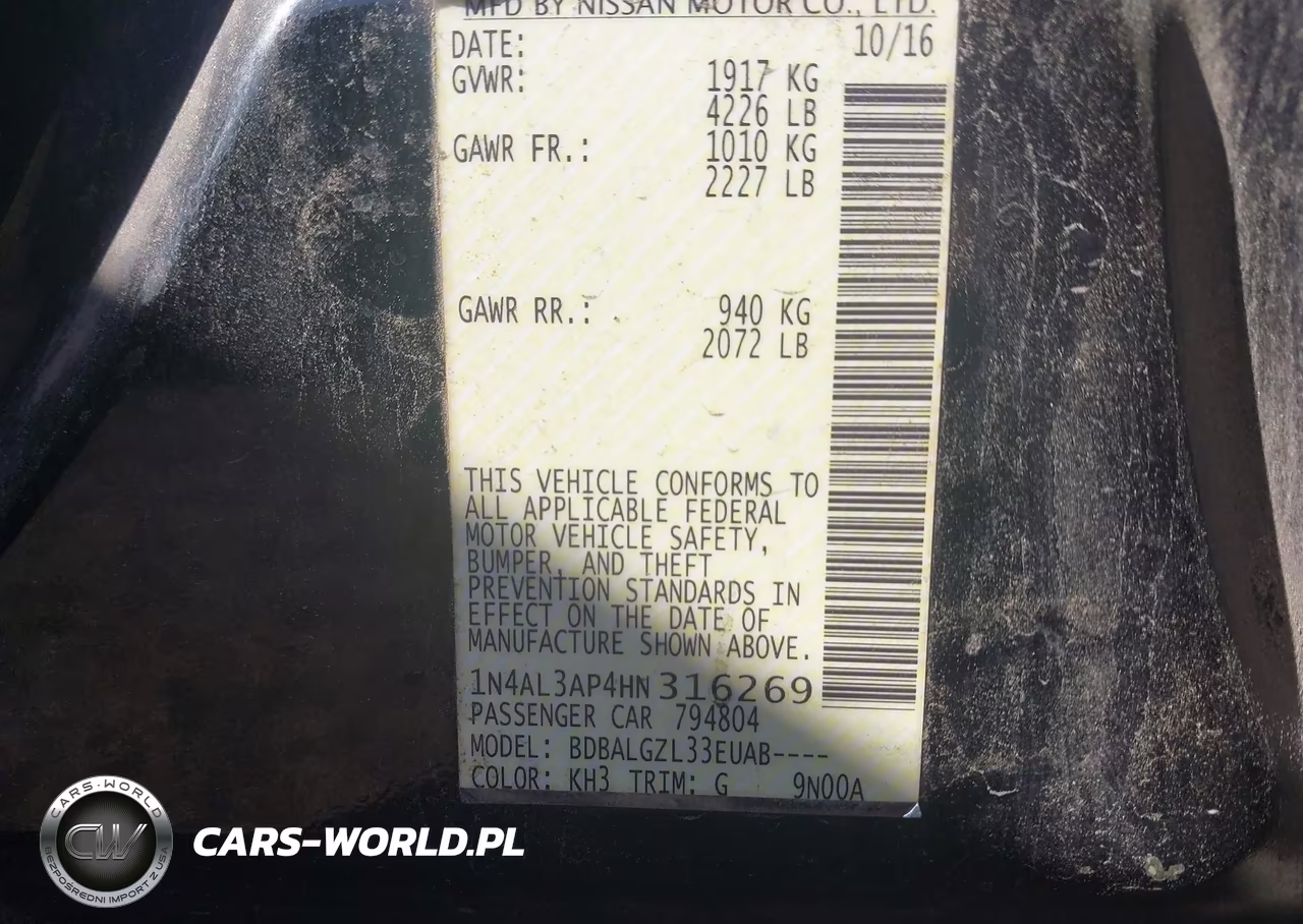 NISSAN ALTIMA VIN:1N4AL3AP4HN316269 - 9