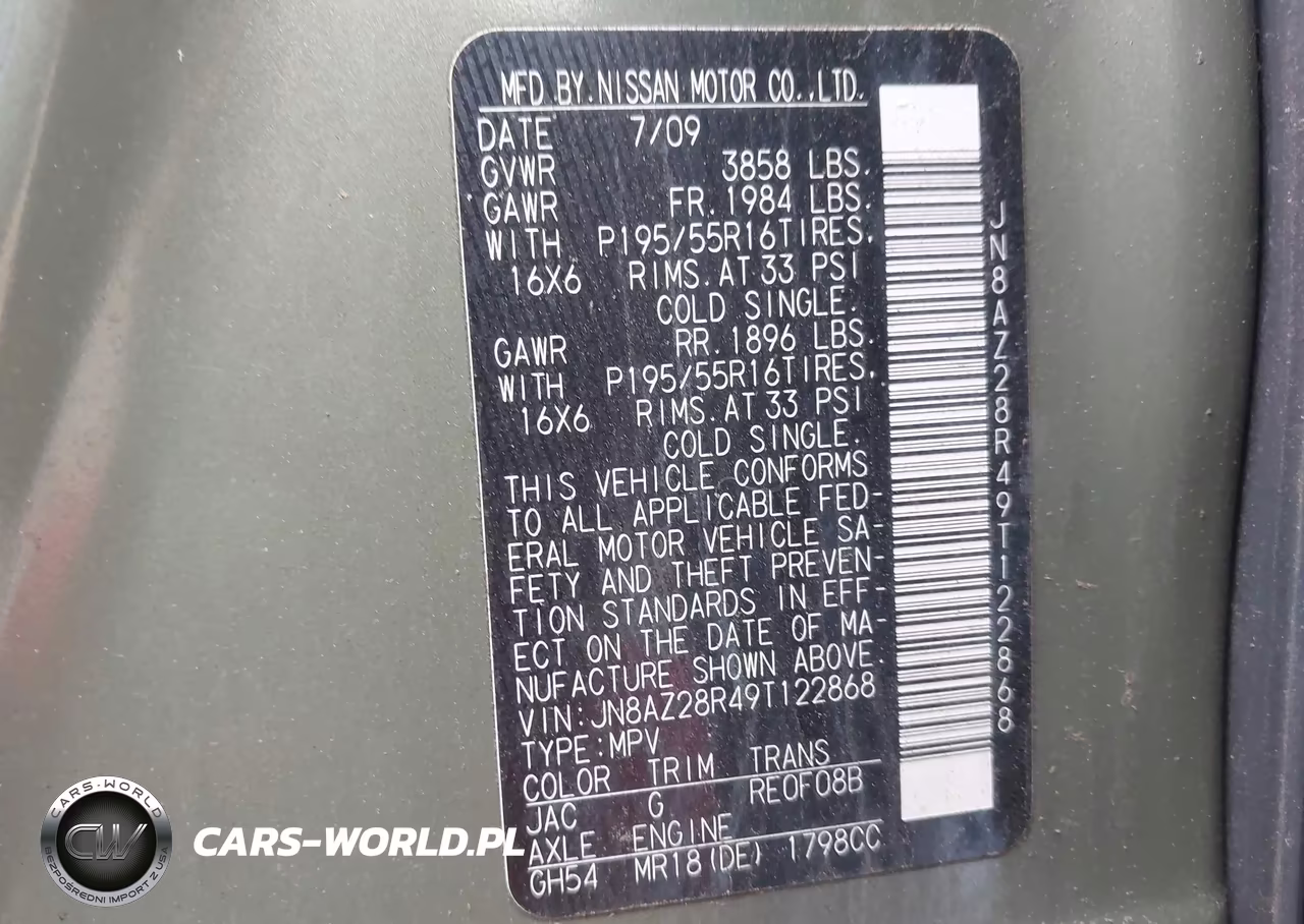 2009 Nissan Cube 1.8Sl VIN:JN8AZ28R49T122868 - 9