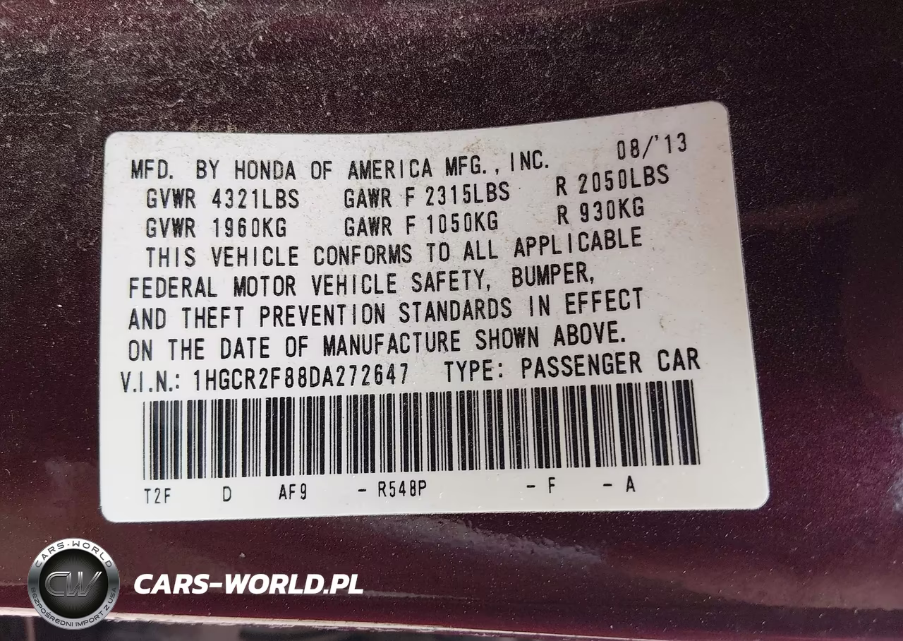 2013 Honda Accord Ex-L VIN:1HGCR2F88DA272647 - 9