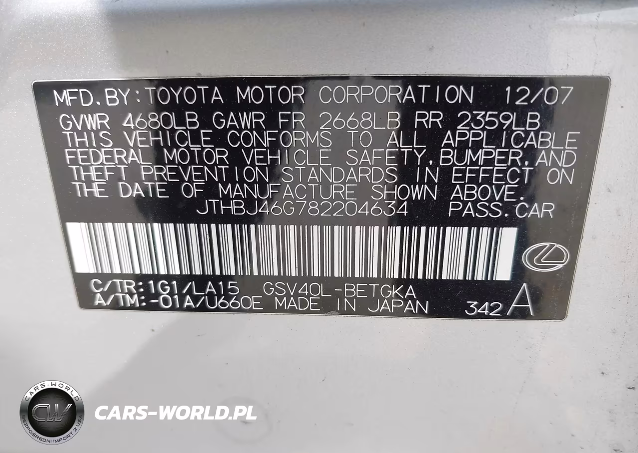 2008 Lexus Es 350 VIN:JTHBJ46G782204634 - 9