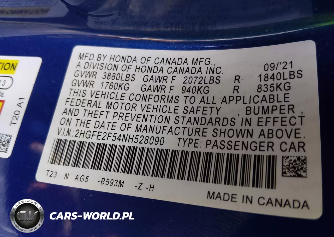 2022 Honda Civic Sport VIN:2HGFE2F54NH528090 - 9