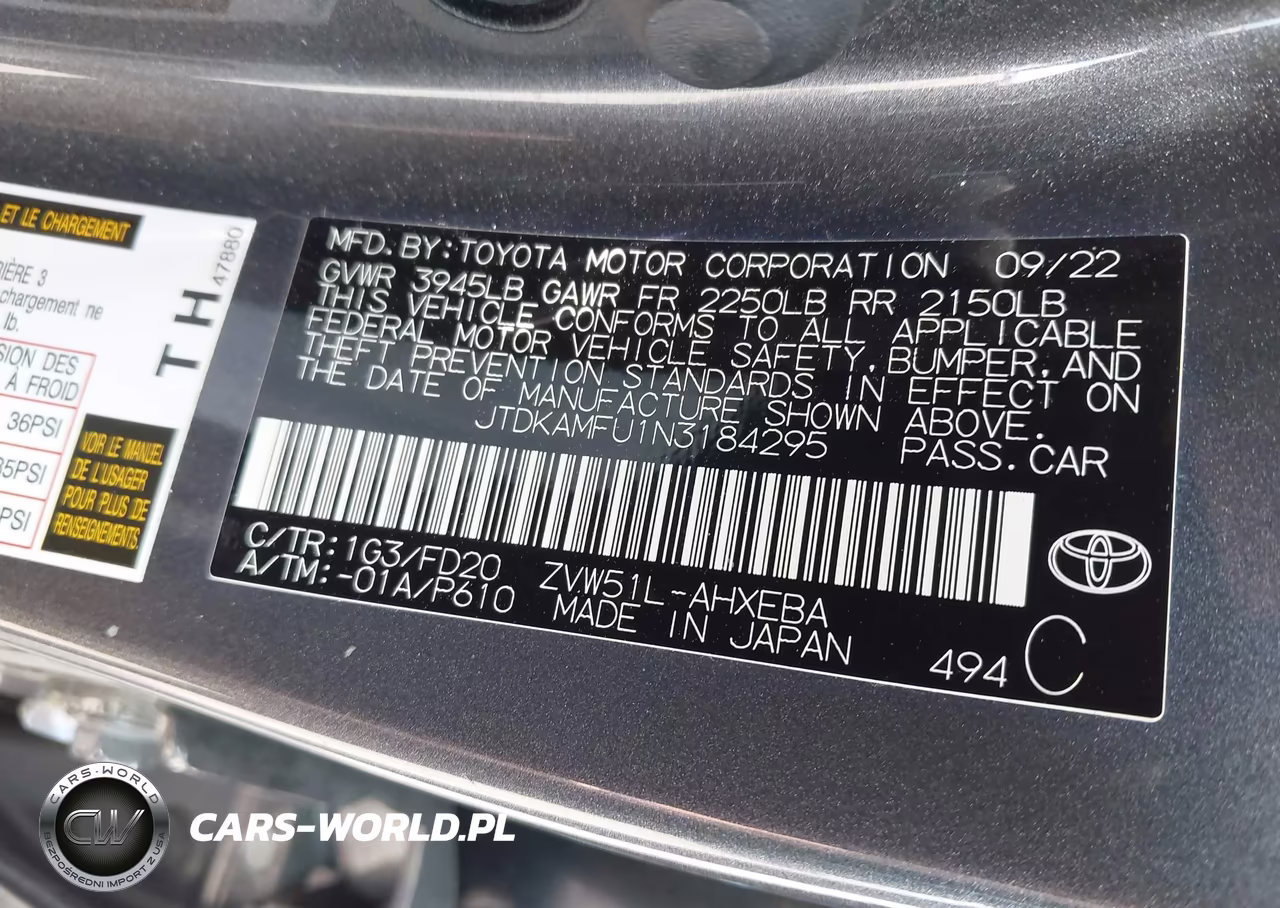 2022 Toyota Prius Le VIN:JTDKAMFU1N3184295 - 9