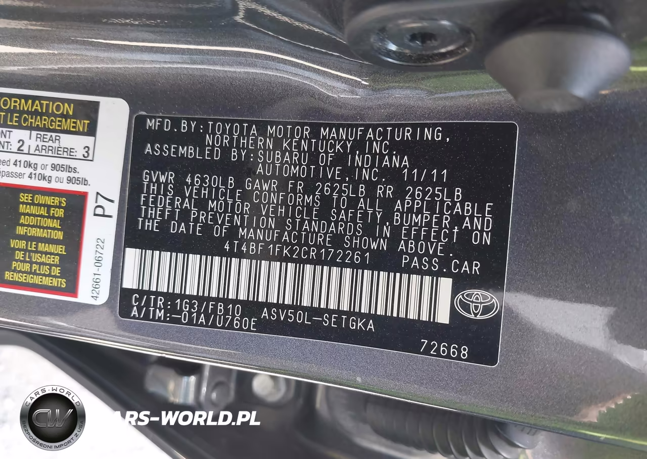 2012 Toyota Camry Xle VIN:4T4BF1FK2CR172261 - 9