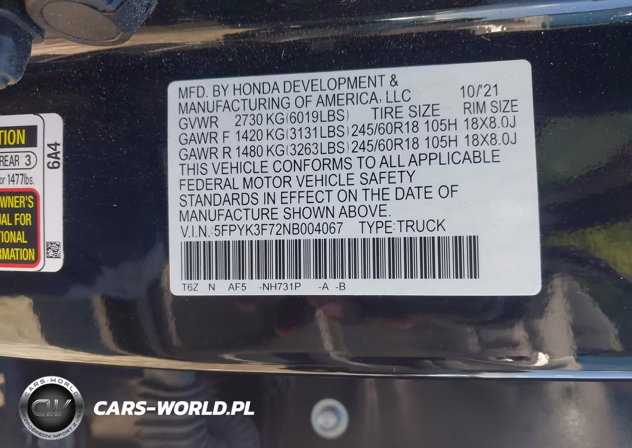 2022 Honda Ridgeline Rtl-E VIN:5FPYK3F72NB004067 - 9