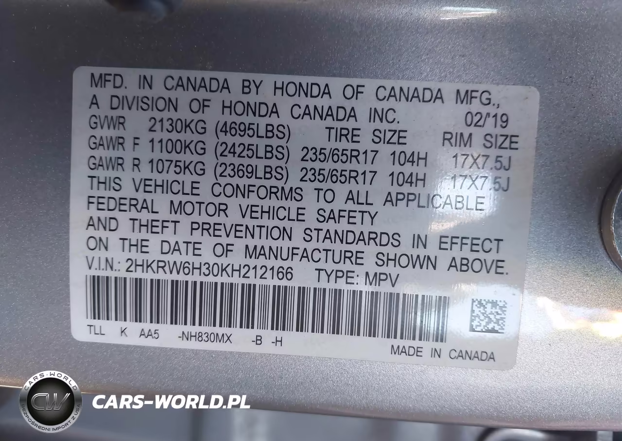 2019 Honda Cr-V Lx VIN:2HKRW6H30KH212166 - 9