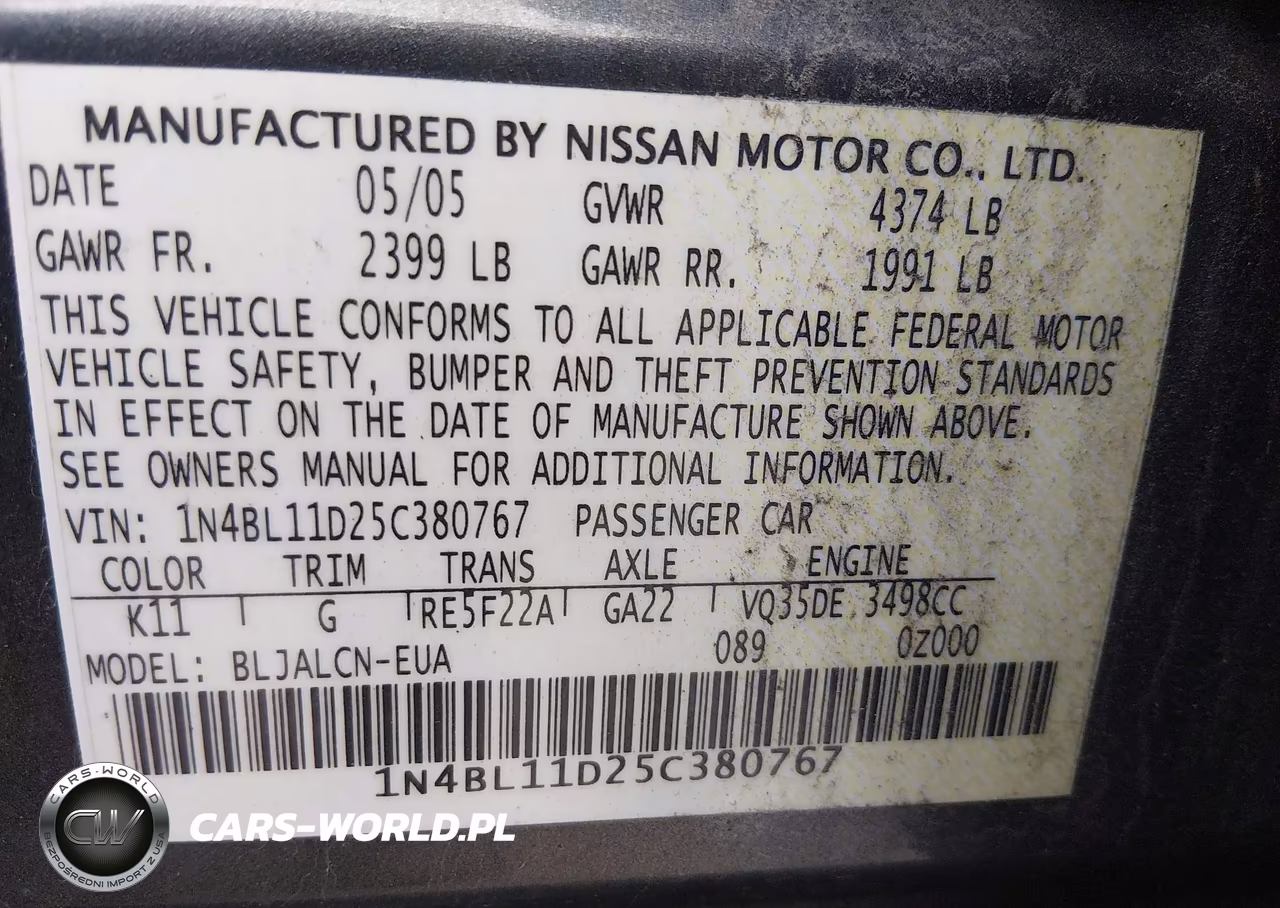 2005 Nissan Altima 3.5 Se VIN:1N4BL11D25C380767 - 9