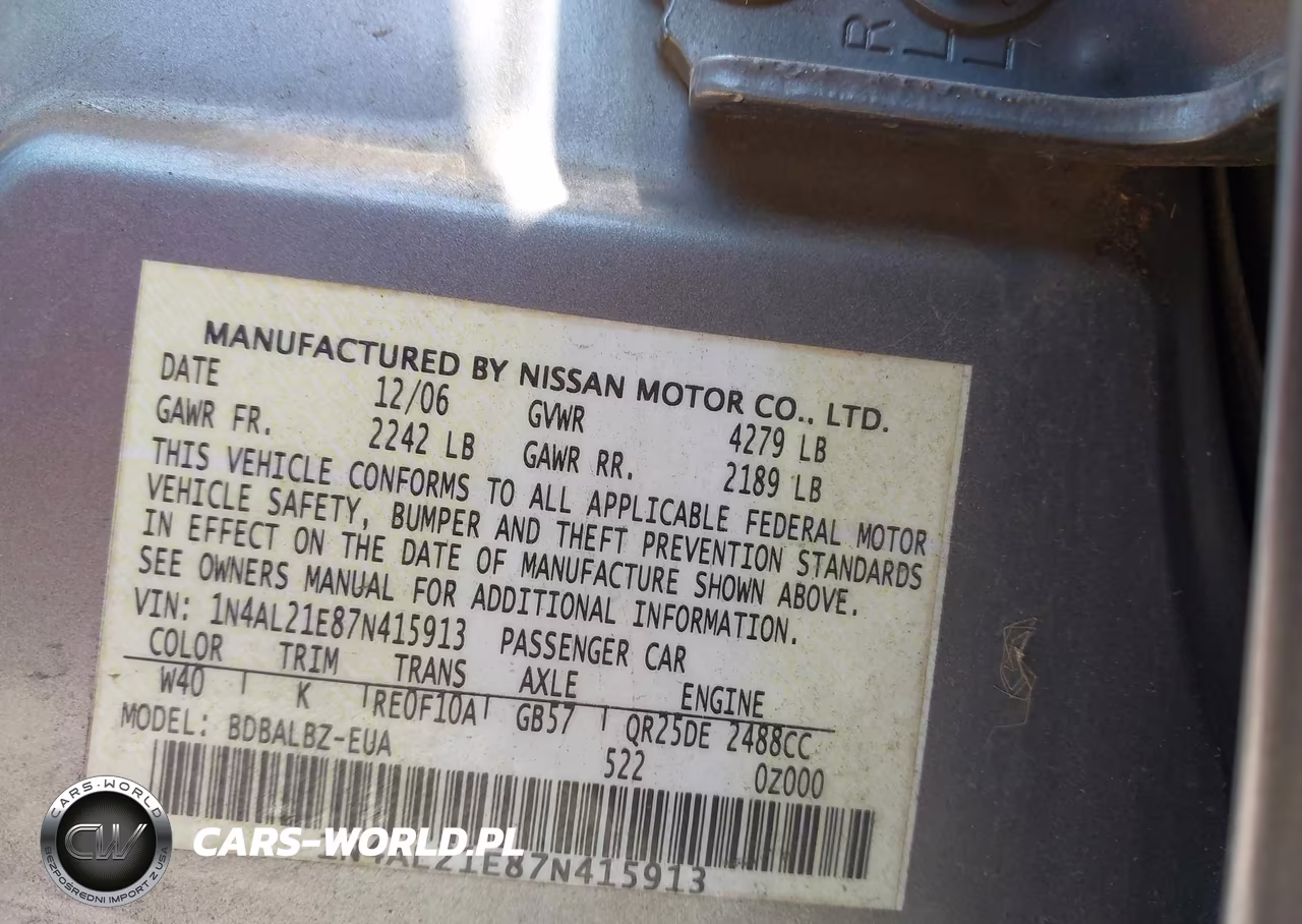 2007 Nissan Altima 2.5 S VIN:1N4AL21E87N415913 - 9