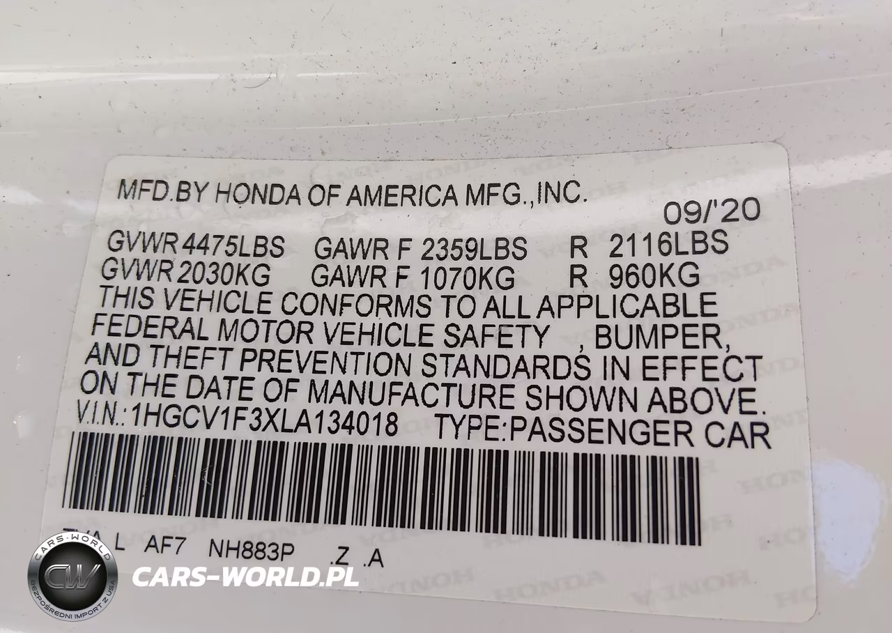 2020 Honda Accord Sport VIN:1HGCV1F3XLA134018 - 9