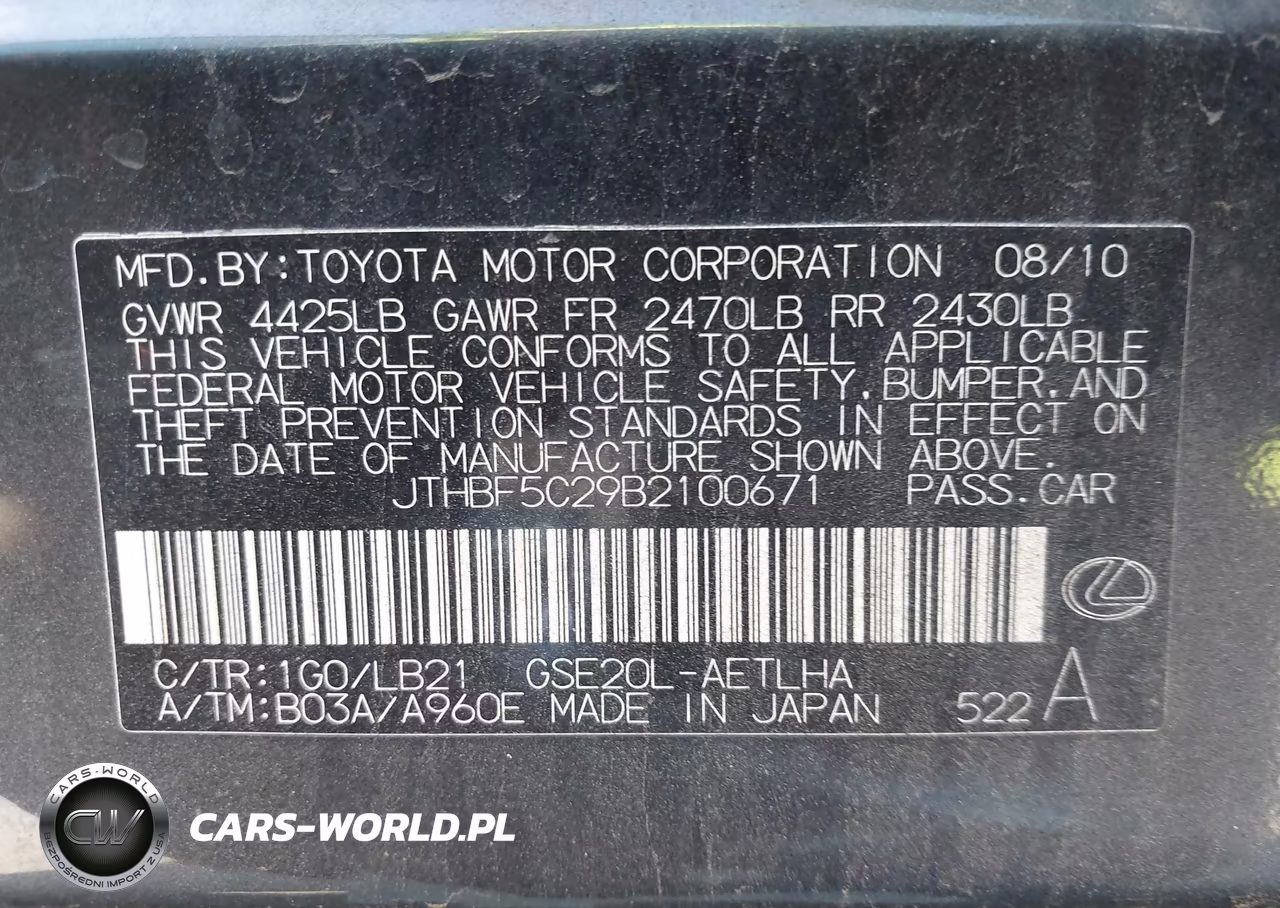 2011 Lexus Is 250 VIN:JTHBF5C29B2100671 - 9