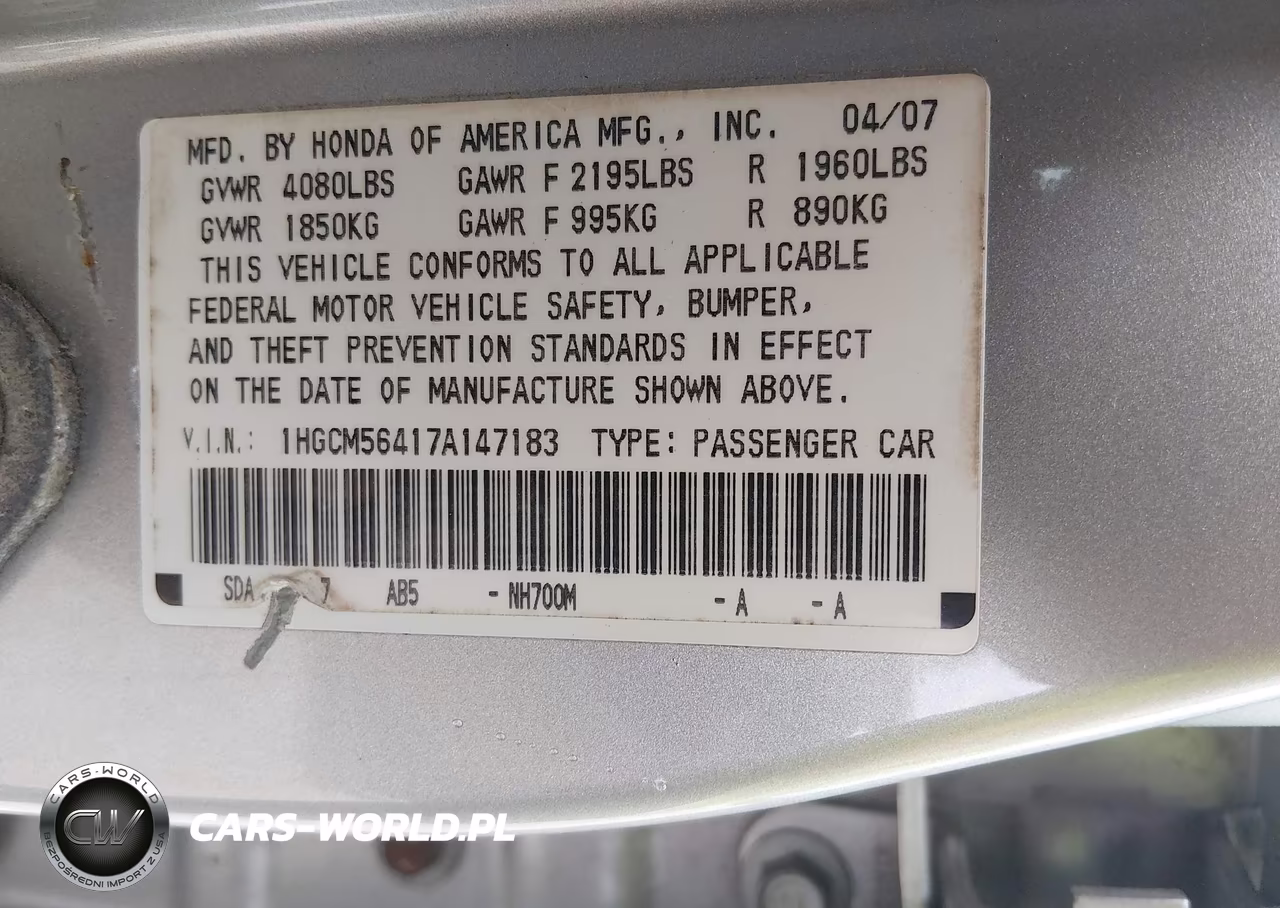 2007 HONDA ACCORD LX VIN:1HGCM56417A147183 - 9
