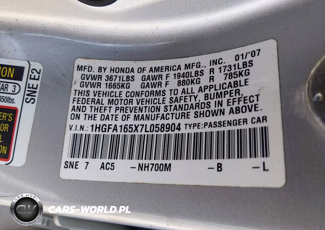 2007 Honda Civic Lx VIN:1HGFA165X7L058904 - 9