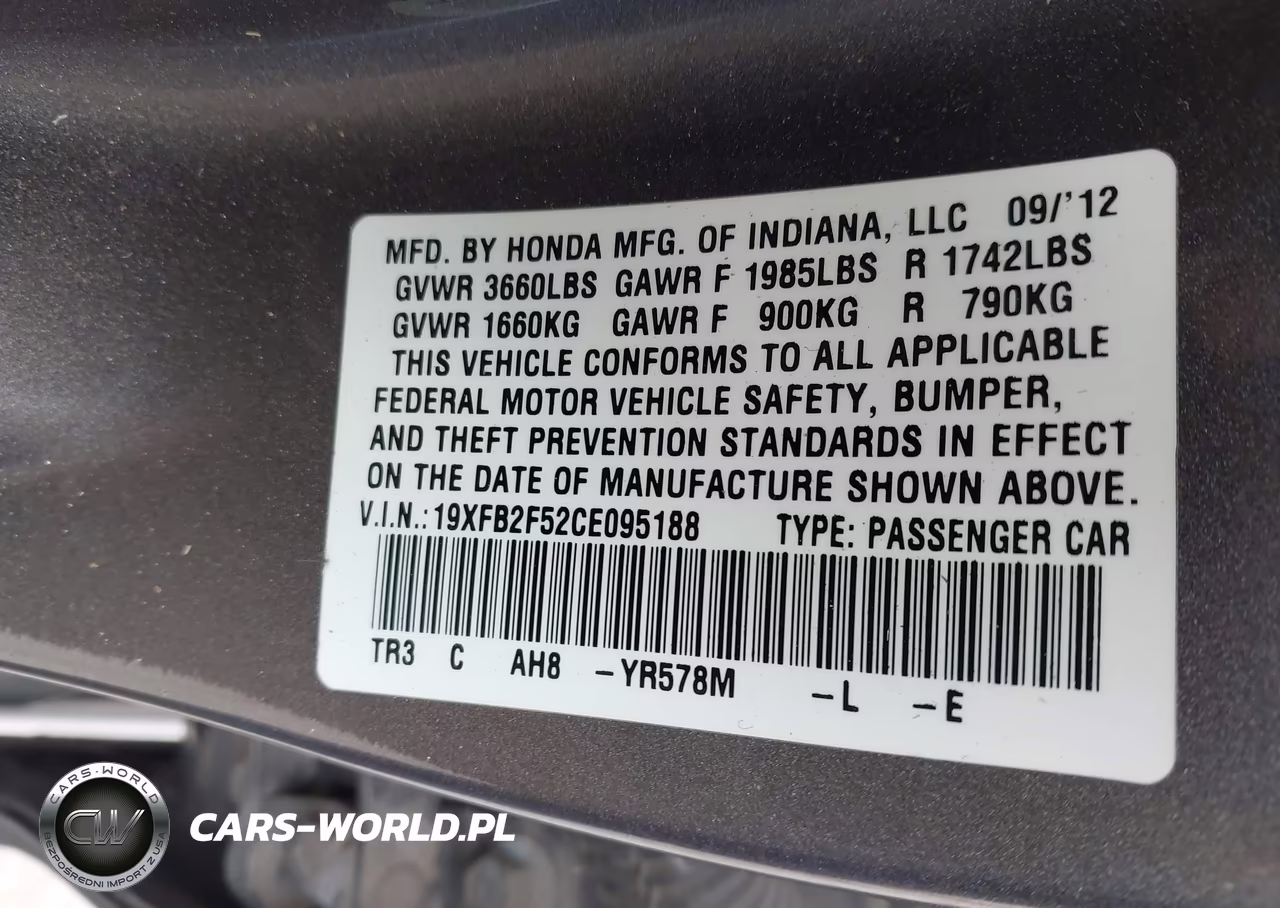 2012 Honda Civic Lx VIN:19XFB2F52CE095188 - 9